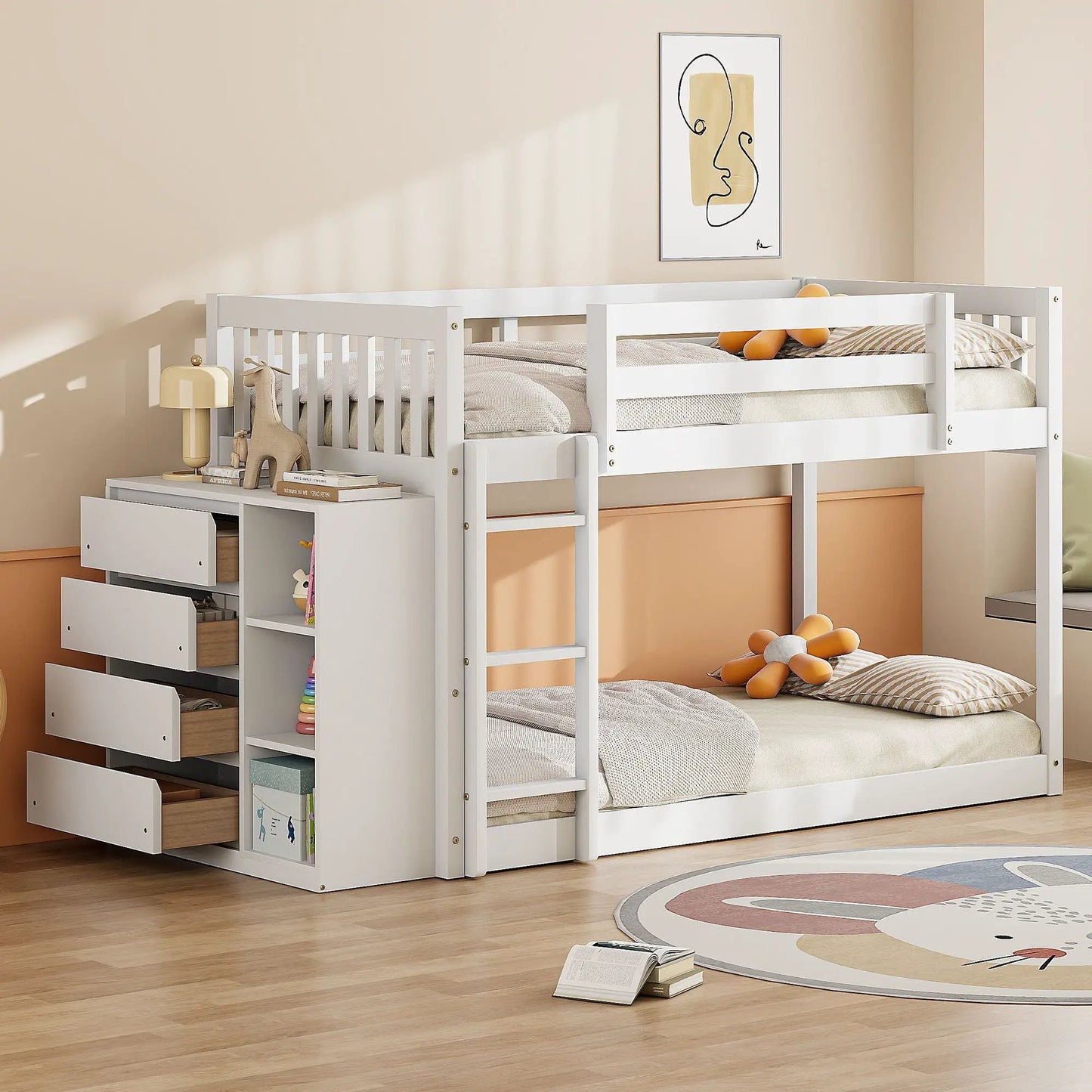 Bunk Bed With Four Drawers and Three Shelves