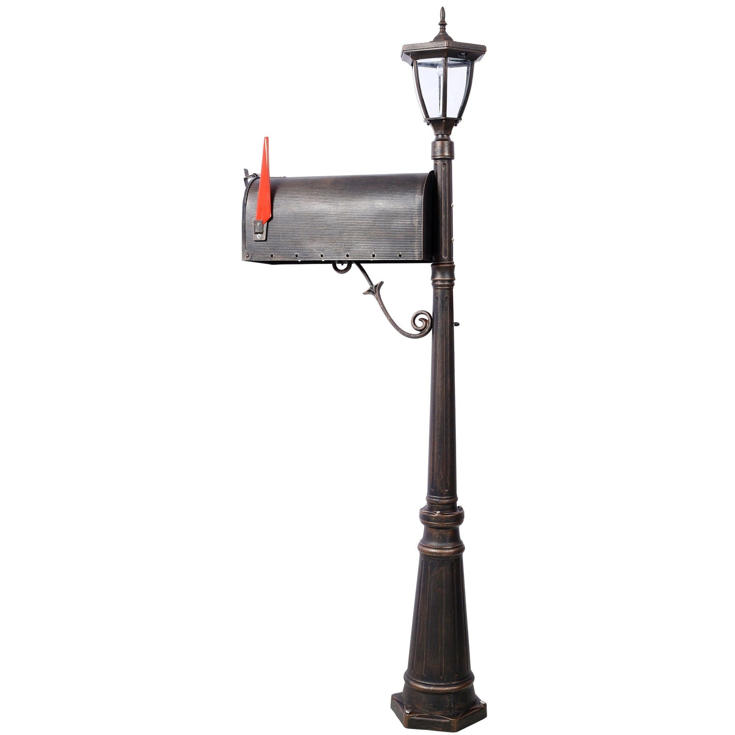 Stratford heavy duty cast aluminum mailbox on brown post with solar light, red flag, fluted base on Tampa Home & Garden Store