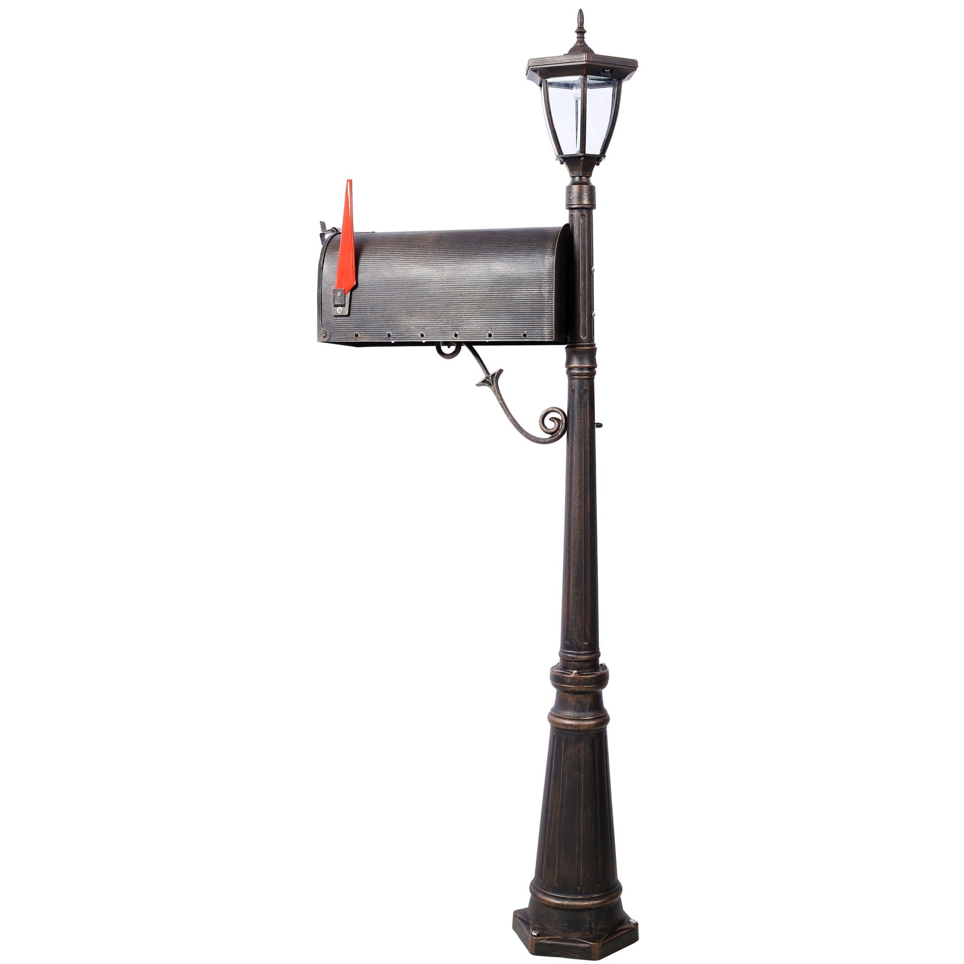 Stratford heavy duty cast aluminum mailbox on brown post with solar light, red flag, fluted base on Tampa Home & Garden Store