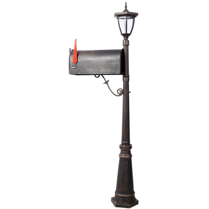 Stratford heavy duty cast aluminum mailbox on brown post with solar light, red flag, fluted base on Tampa Home & Garden Store