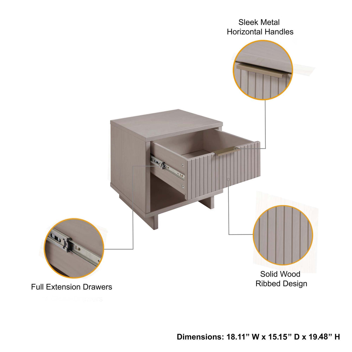 Granville Nightstand with 1 Drawer in light wood finish ribbed front brass bar pull on Tampa Home & Garden Store