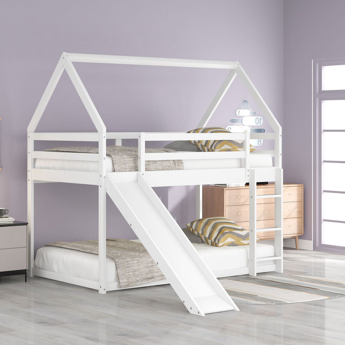 House Shape Bunk Bed white wooden frame with slide and ladder in lavender bedroom on Tampa Home & Garden Store
