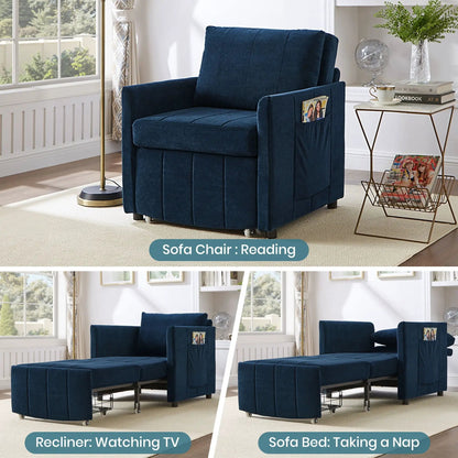 Blue velvet sleeper futon chair with 5-position backrest and side pockets and storage on Tampa Home & Garden Store