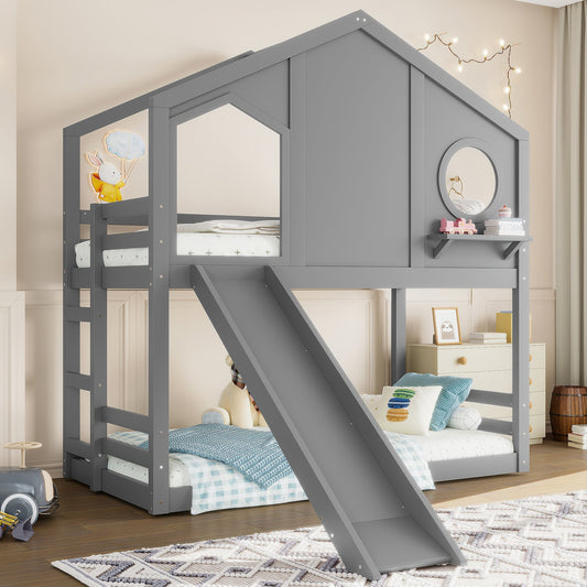 Twin House Bunk Bed with Slide and Storage Shelves in gray by HouseOfZazla on Tampa Home & Garden Store