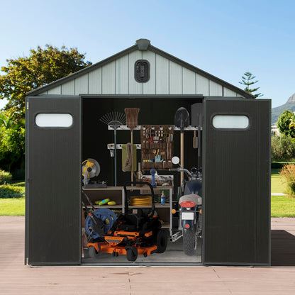 8x6FT resin outdoor storage shed with lockable door in dark gray showing organized tools inside on Tampa Home & Garden Store