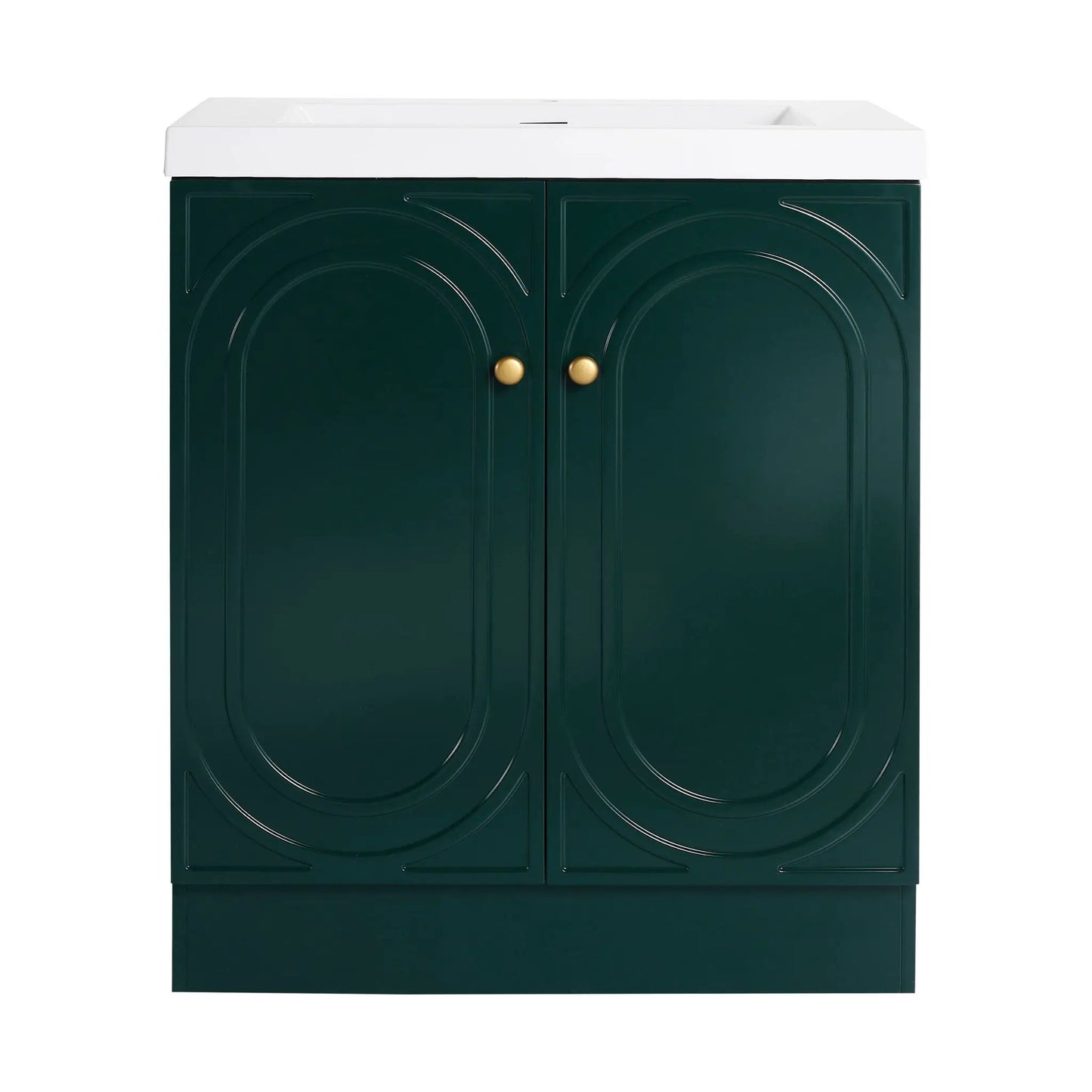 Vanity green cabinet with circular embossed panels, white resin sink top, soft-close doors on Tampa Home & Garden Store