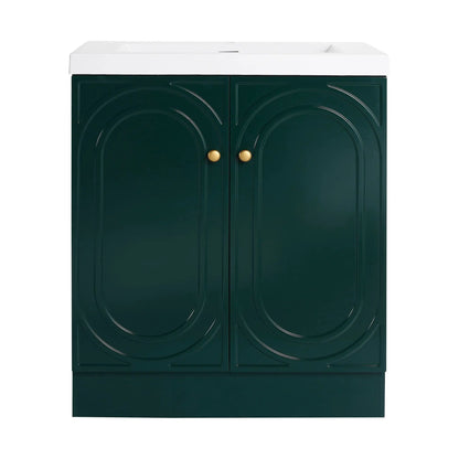 Vanity green cabinet with circular embossed panels, white resin sink top, soft-close doors on Tampa Home & Garden Store