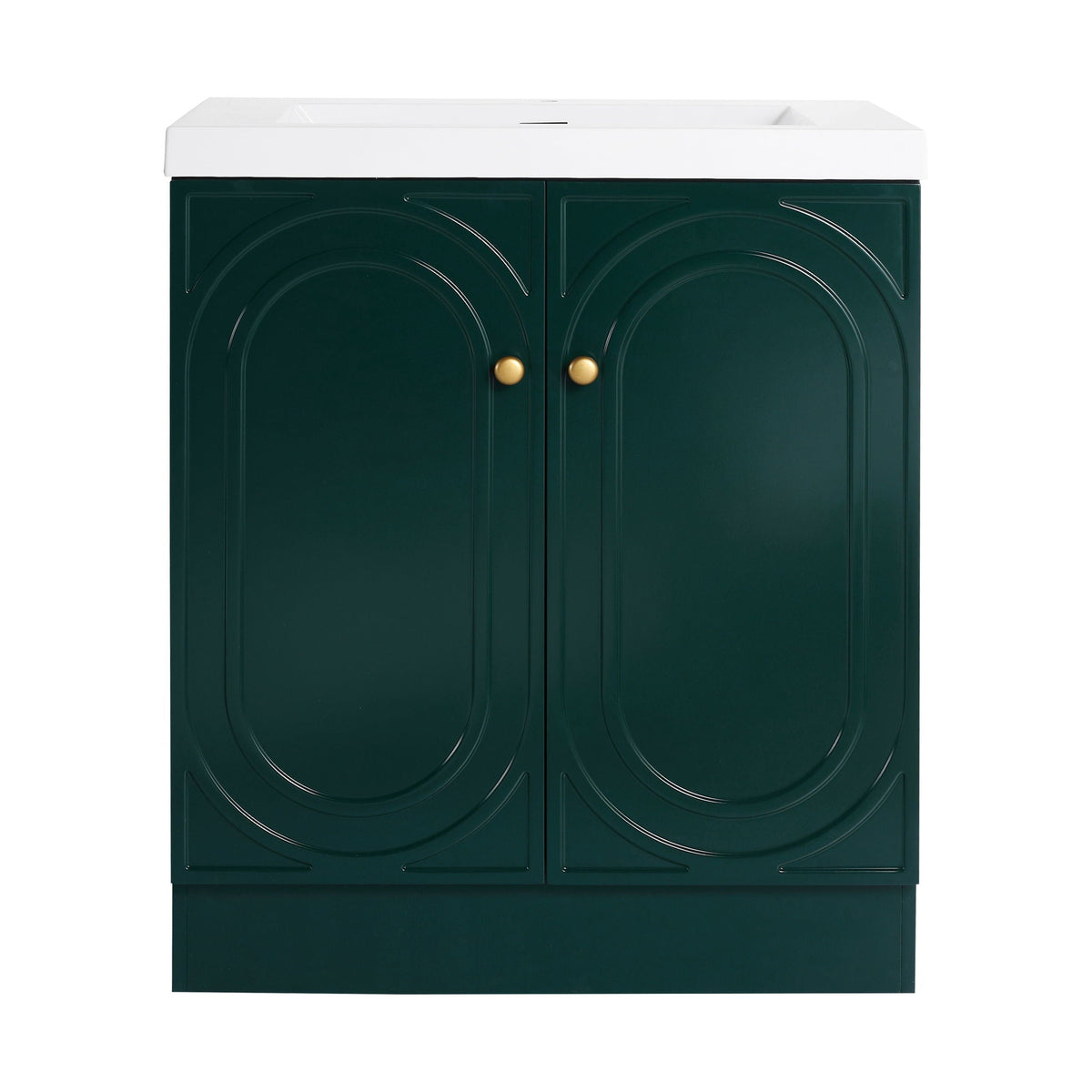 HouseOfZazla freestanding bath vanity with resin sink; dark green doors with panels, brass knobs on Tampa Home & Garden Store