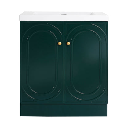 HouseOfZazla freestanding bath vanity with resin sink; dark green doors with panels, brass knobs on Tampa Home & Garden Store
