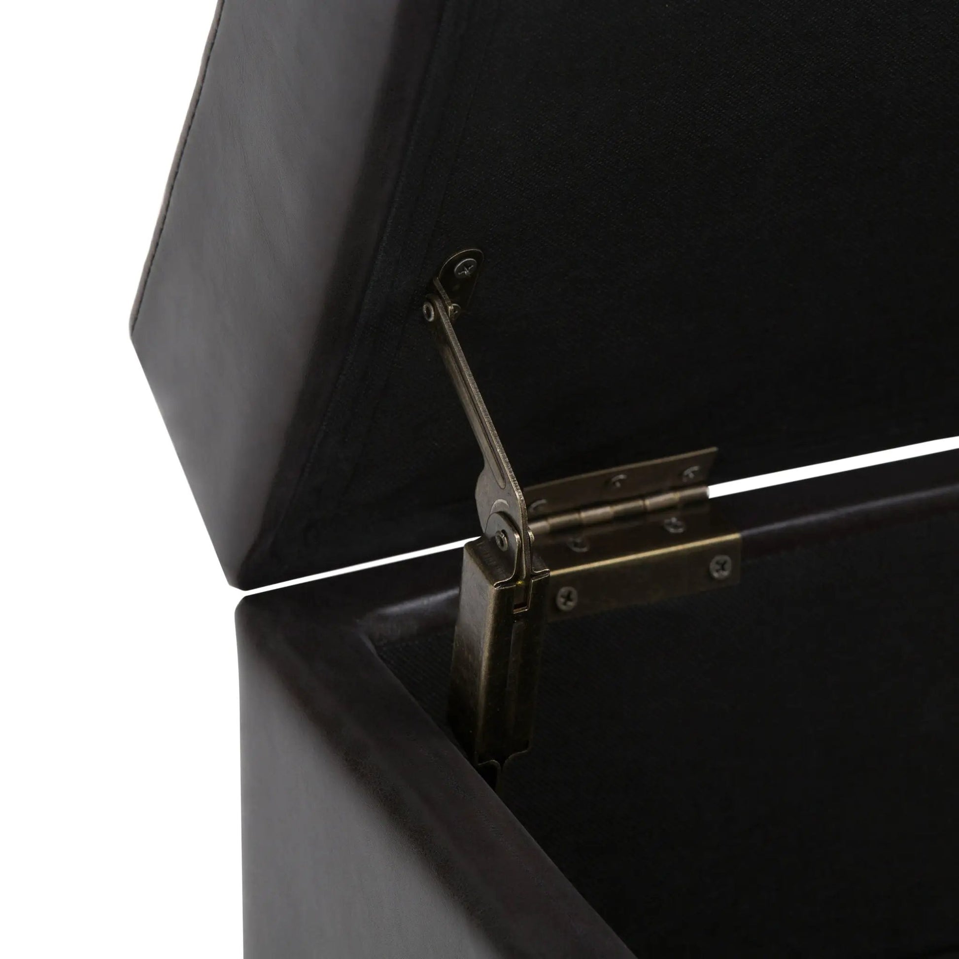 Oregon storage ottoman bench with tray, black leather and metal hardware on Tampa Home & Garden Store
