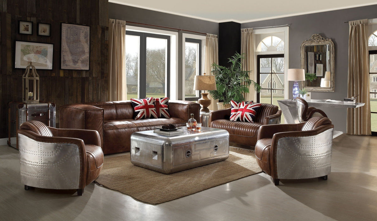 Top grain leather 5 piece living room set in brown with sofa and two armchairs on Tampa Home & Garden Store