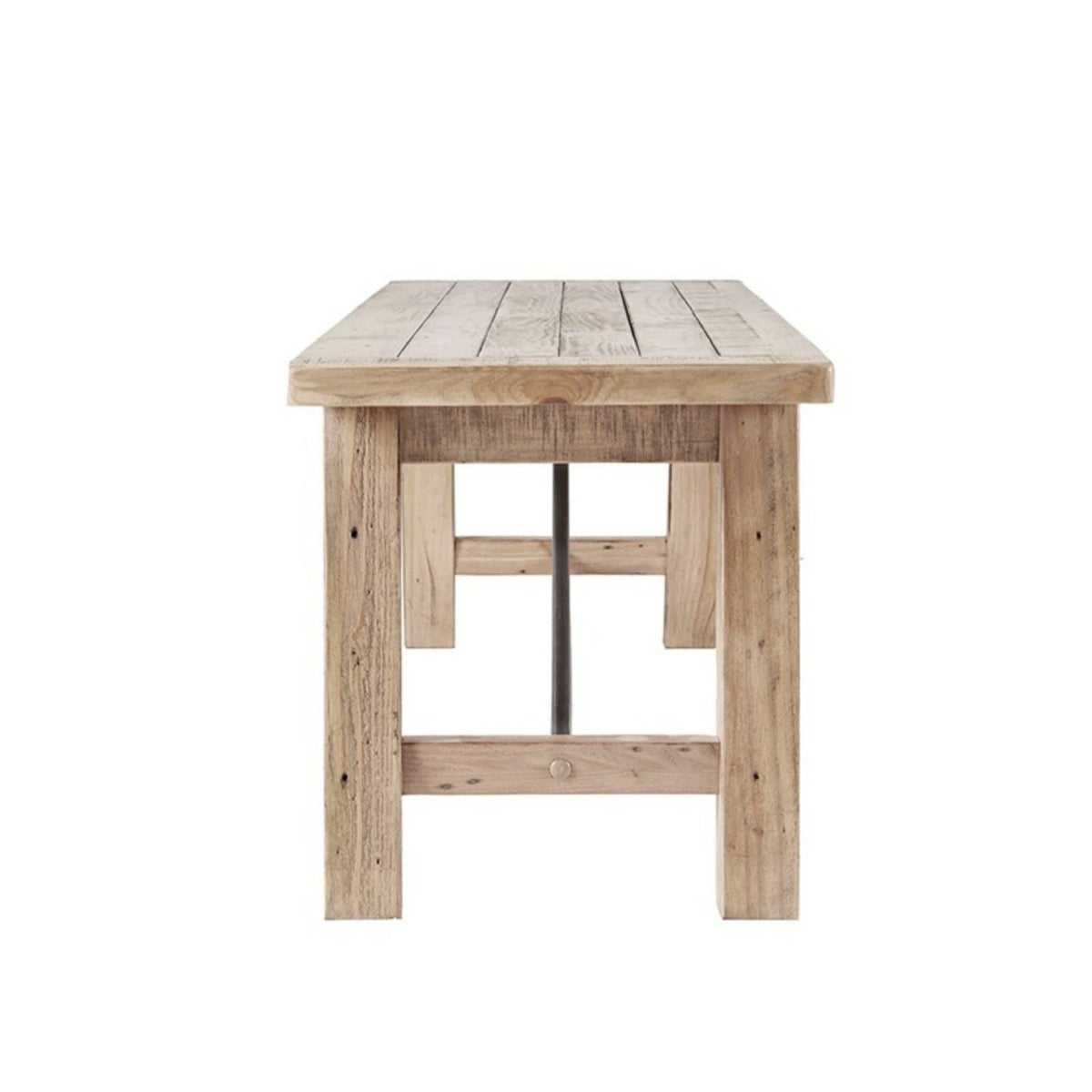 Solid wood dining bench with slatted top and metal stretchers, light brown finish, HouseOfZazla on Tampa Home & Garden Store