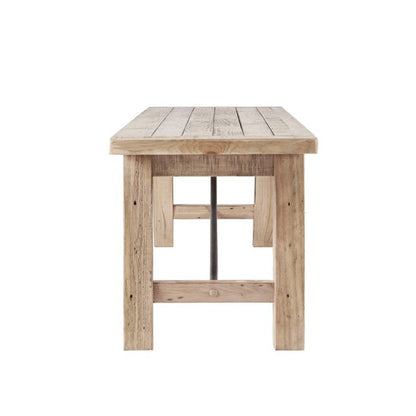 Solid wood dining bench with slatted top and metal stretchers, light brown finish, HouseOfZazla on Tampa Home & Garden Store