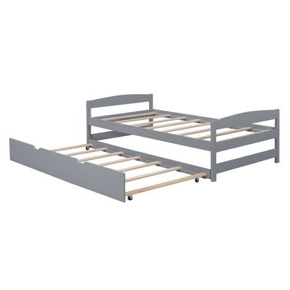 Platform bed with trundle by HouseOfZazla in grey finish and natural wood slats on casters on Tampa Home & Garden Store