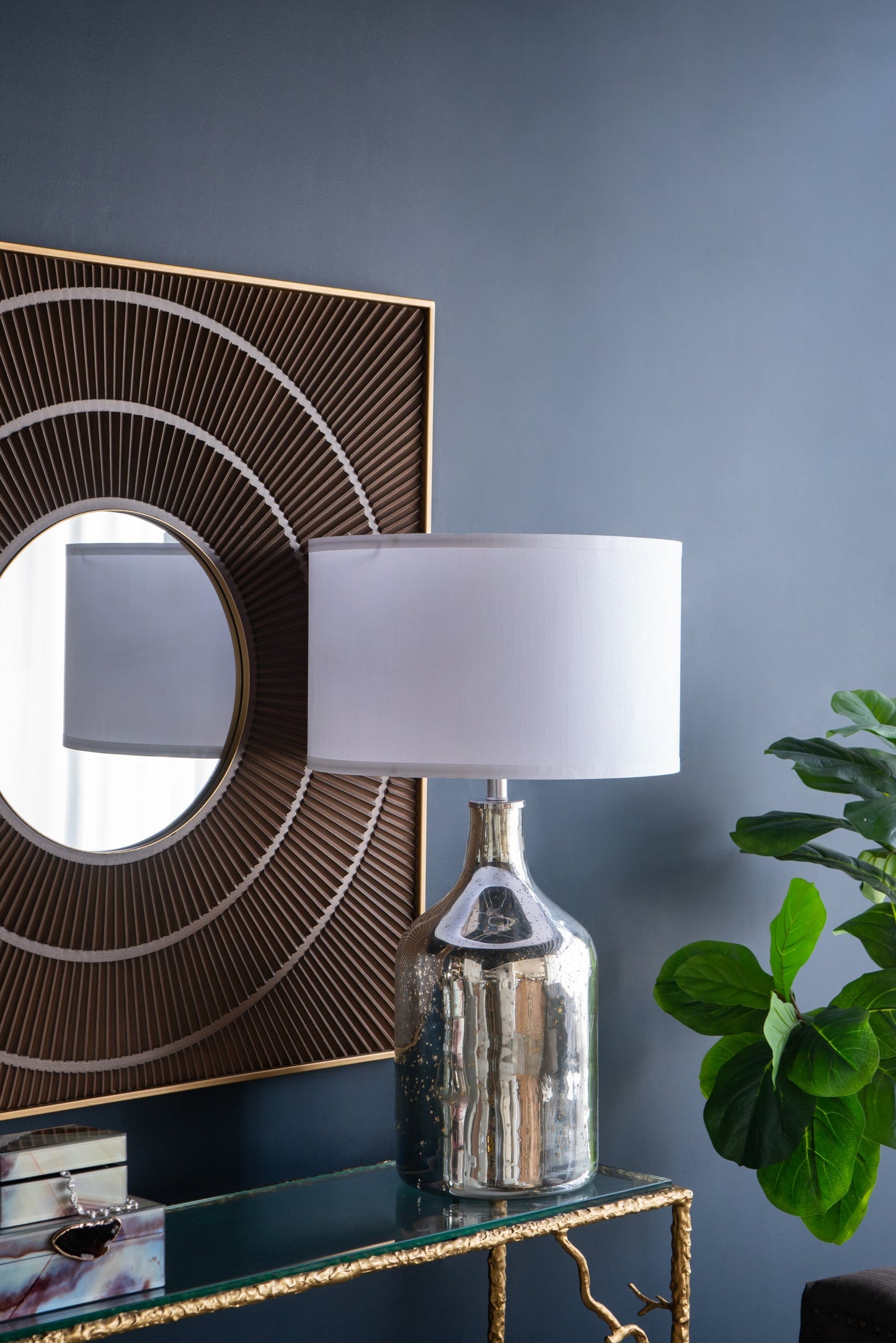 HouseOfZazla silver round table lamp with white fabric shade on Tampa Home & Garden Store
