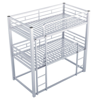 HouseOfZazla triple bunk bed with sturdy silver metal frame, three levels, guard rails, ladder on Tampa Home & Garden Store