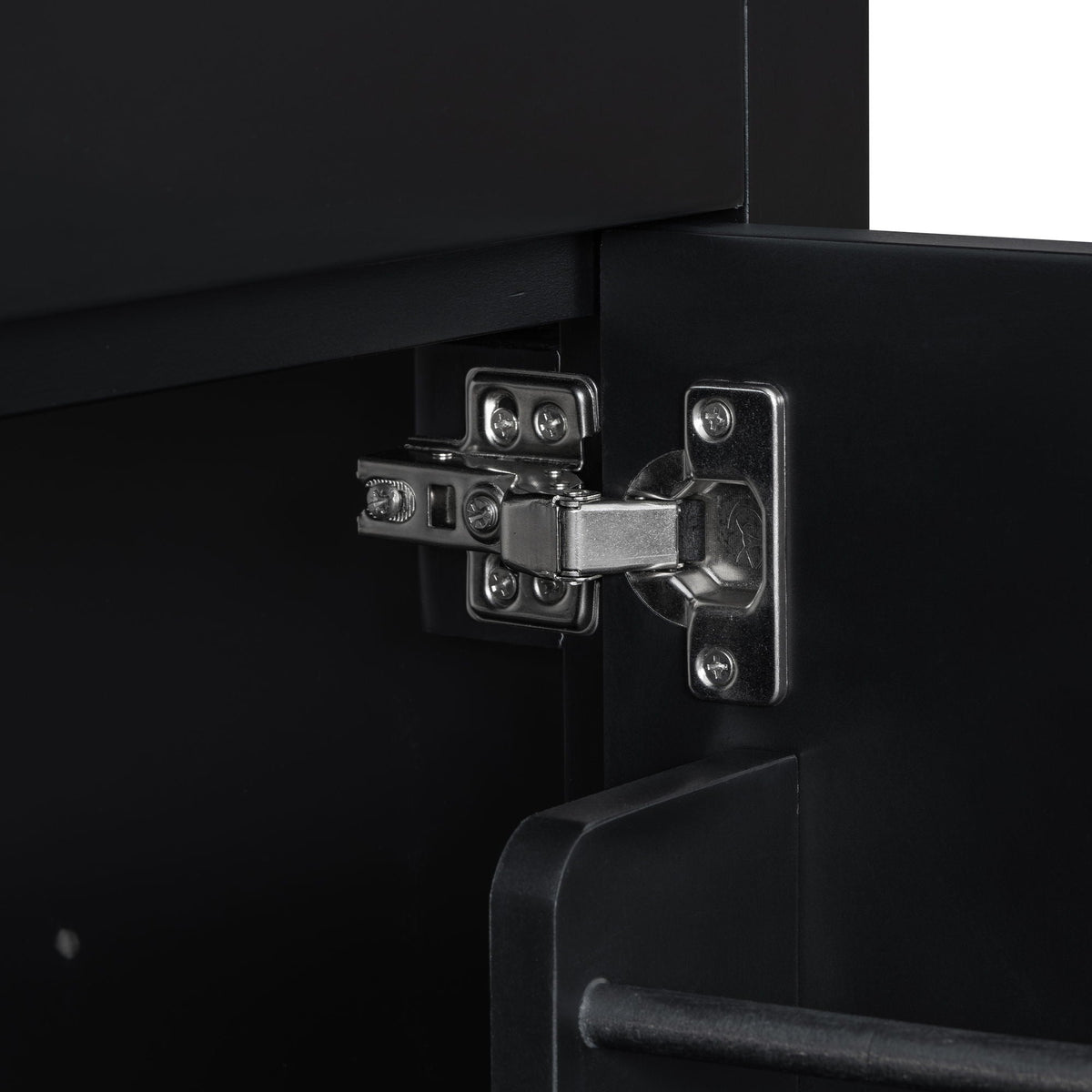 Modern bathroom vanity close-up in black with metal hinge hardware on Tampa Home & Garden Store