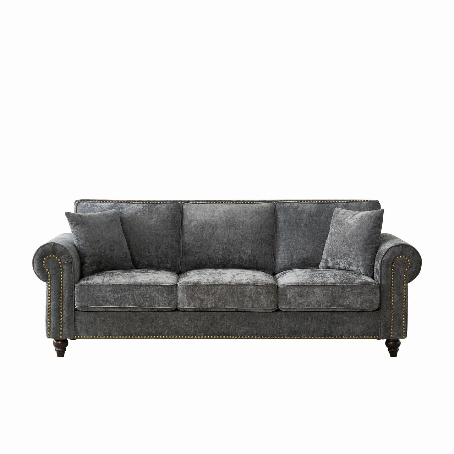 3 Seater sofa with tufted upholstery, rolled arms, nailhead trim in gray velvet on Tampa Home & Garden Store