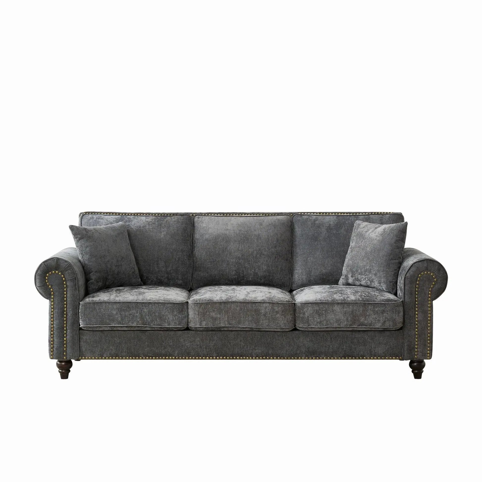 3 Seater sofa with tufted upholstery, rolled arms, nailhead trim in gray velvet on Tampa Home & Garden Store