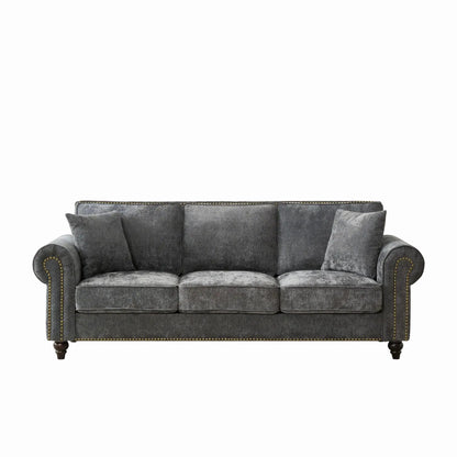 3 Seater sofa with tufted upholstery, rolled arms, nailhead trim in gray velvet on Tampa Home & Garden Store