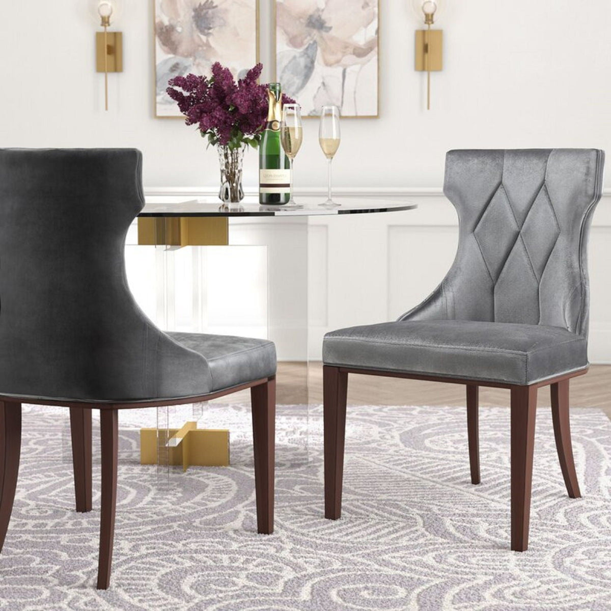 Reine dining chair set of 2 with solid wood frame, gray velvet upholstery and tufted back on Tampa Home & Garden Store