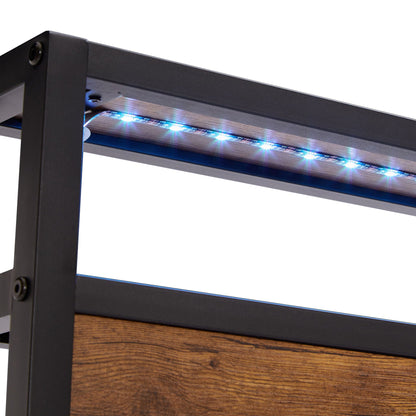 Black metal platform bed frame with woodgrain accent panel and blue LED strip along inner edge on Tampa Home & Garden Store