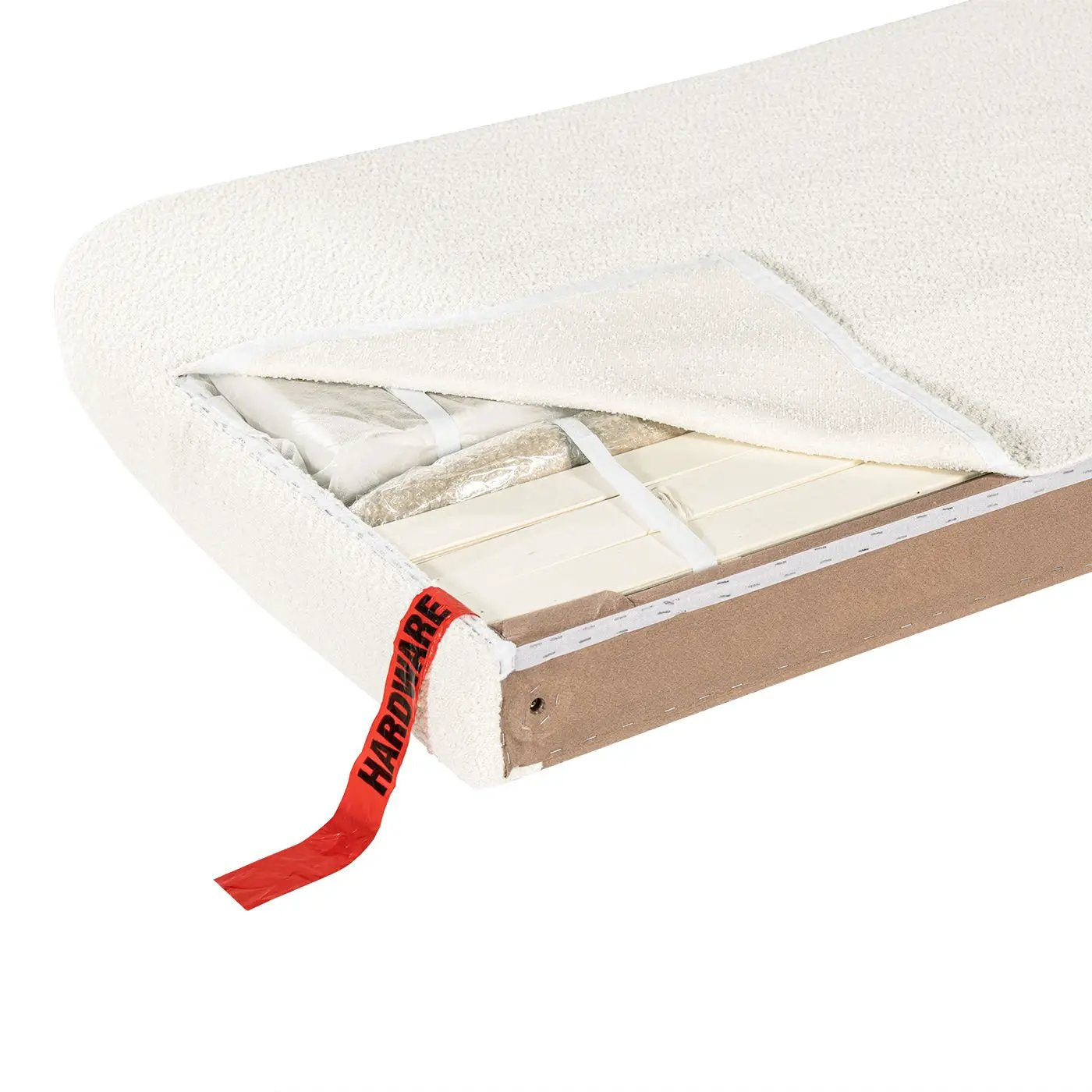 Roman curved headboard upholstered platform bed in white fabric with exposed slatted base on Tampa Home & Garden Store