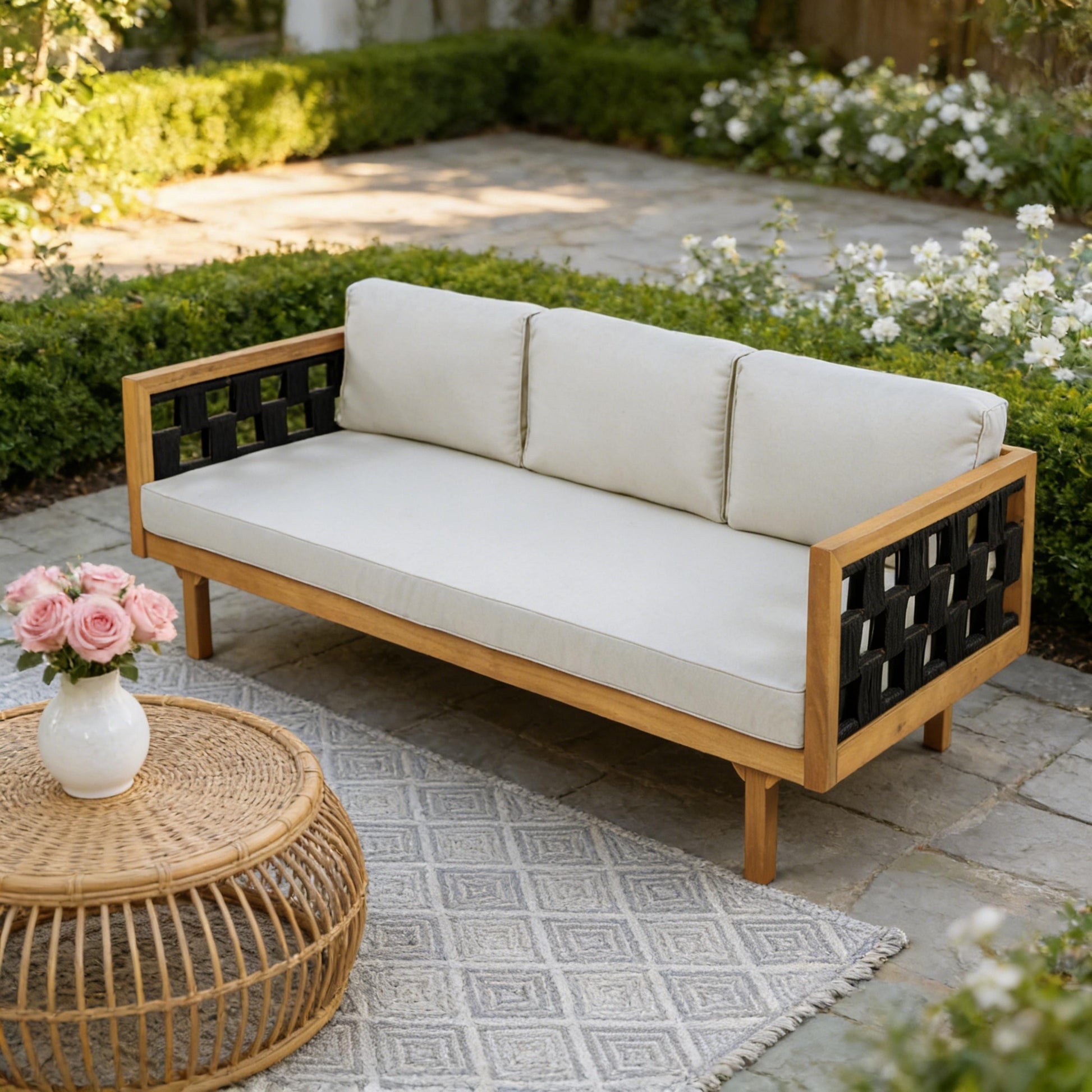 3-Seater Outdoor Daybed with acacia teak-finish frame and light cushions by HouseOfZazla on Tampa Home & Garden Store