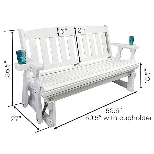 4ft Heavy Duty Amish Porch Glider Bench in White with Cupholders - Made in USA - Tampa Home & Garden Store