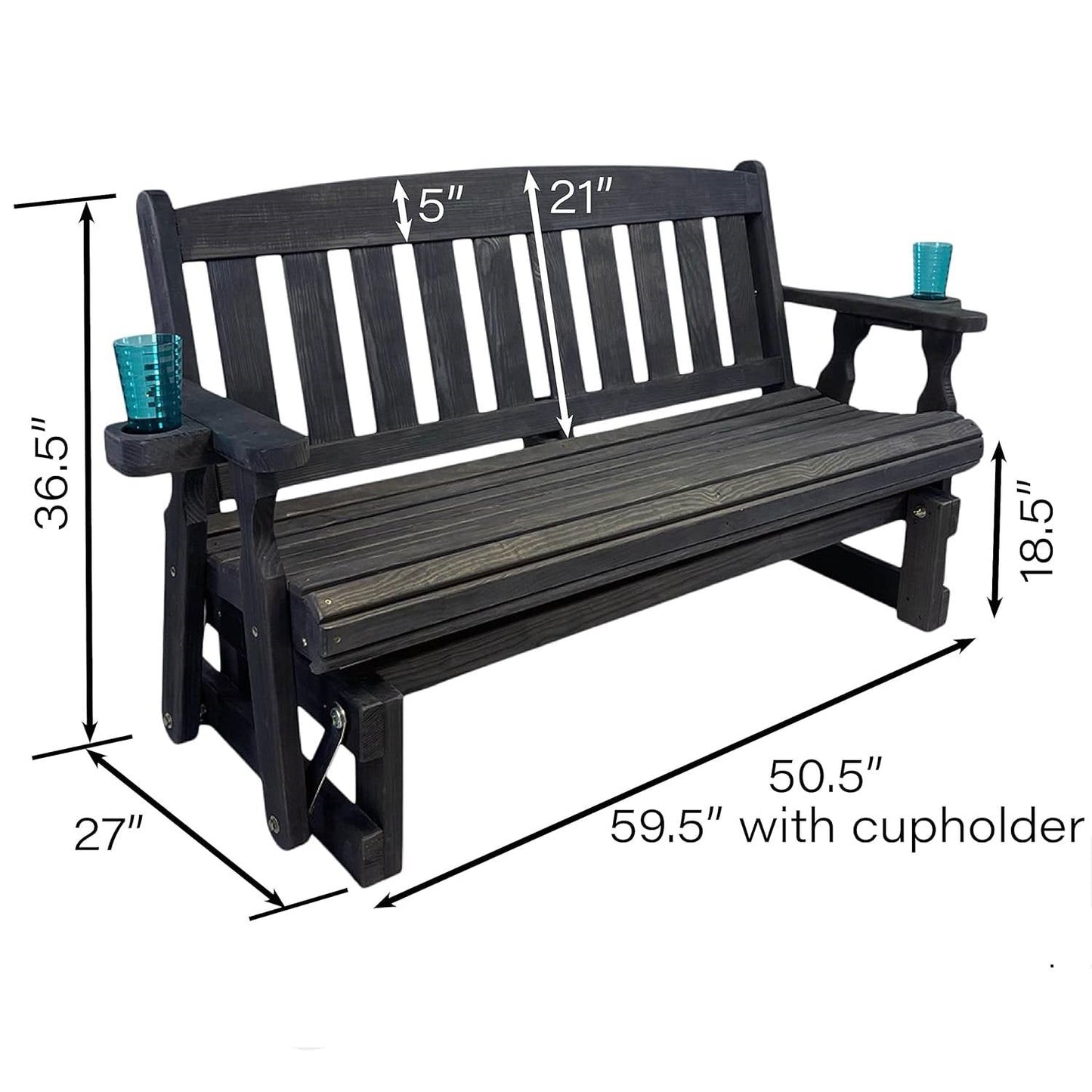 4ft Heavy Duty Black Wooden Porch Glider Bench with Cupholders - Made in USA - Tampa Home & Garden Store