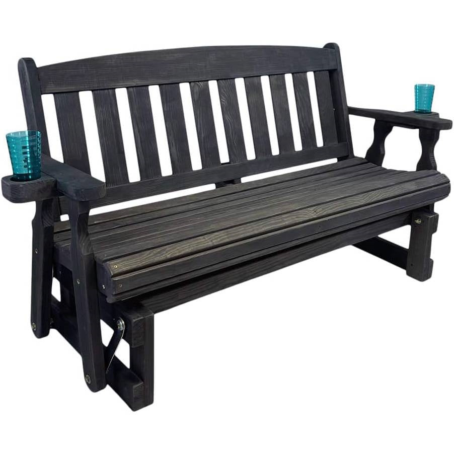 4ft Heavy Duty Black Wooden Porch Glider Bench with Cupholders - Made in USA - Tampa Home & Garden Store