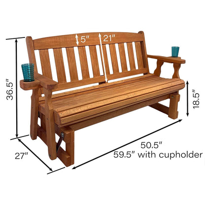 4ft Heavy Duty Porch Glider Bench with Cupholders in Cedar Finish - Made in USA - Tampa Home & Garden Store
