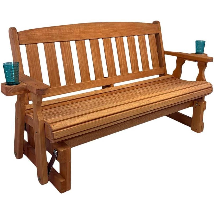 4ft Heavy Duty Porch Glider Bench with Cupholders in Cedar Finish - Made in USA - Tampa Home & Garden Store