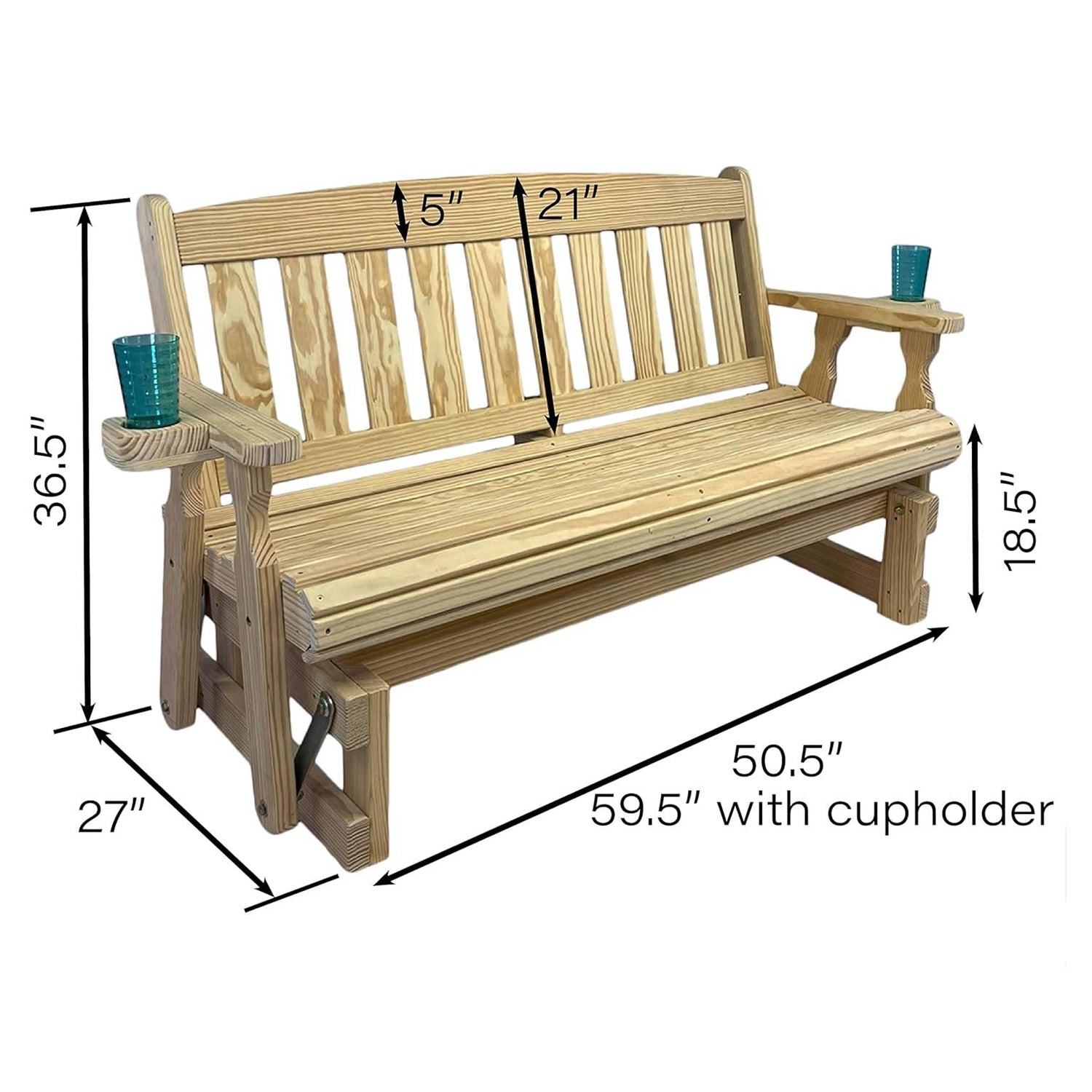 4ft Heavy Duty Unfinished Wood Porch Glider Bench with Cupholders - Made in USA - Tampa Home & Garden Store