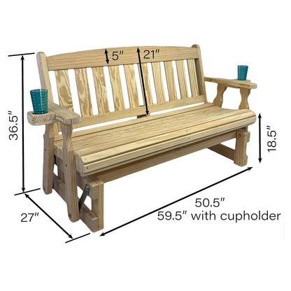 4ft Heavy Duty Unfinished Wood Porch Glider Bench with Cupholders - Made in USA - Tampa Home & Garden Store