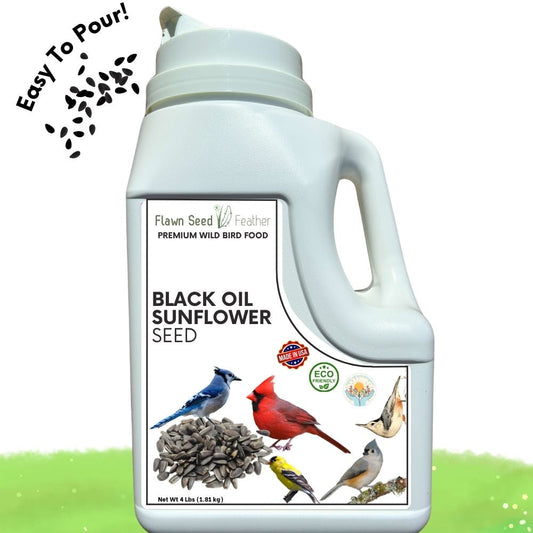 Premium Black Oil Sunflower Seed in a white pour bottle by Flawn Seed Feather; bird images on label on Tampa Home & Garden Store