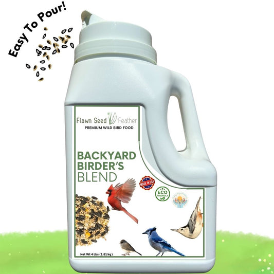 Backyard Birder's Blend bird food by Flawn Seed Kits, white plastic jug with green label on Tampa Home & Garden Store