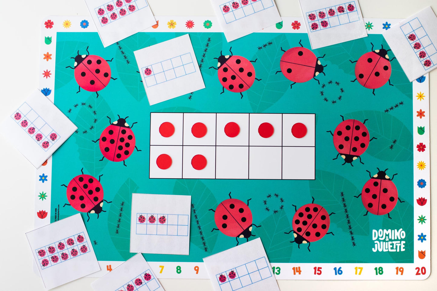 3-pack Math Placemat Bundle Domino & Juliette featuring turquoise ladybug placemats and number grids on Tampa Home & Garden Store