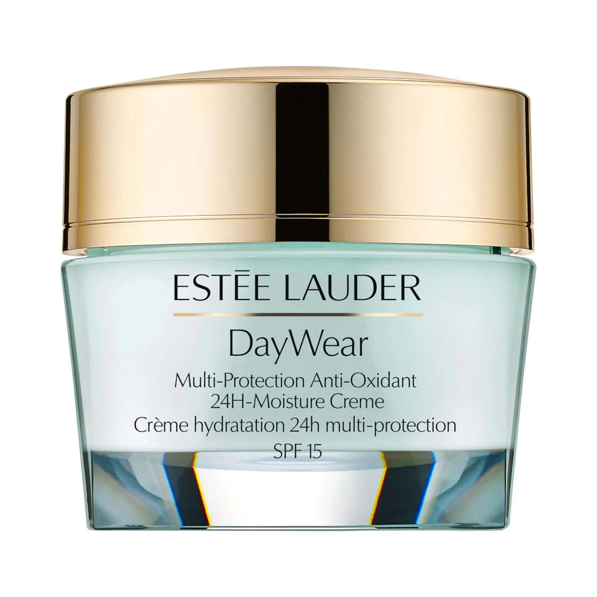 Estée Lauder DayWear SPF 15 moisturizer jar with gold cap and pale blue glass container on Tampa Home & Garden Store
