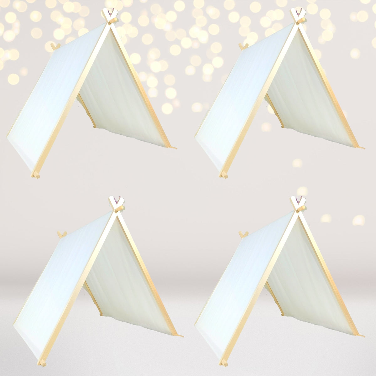 Kids A-Frame Sleepover Tents with Lights, 4-pack, pale blue fabric with natural wood frames on Tampa Home & Garden Store