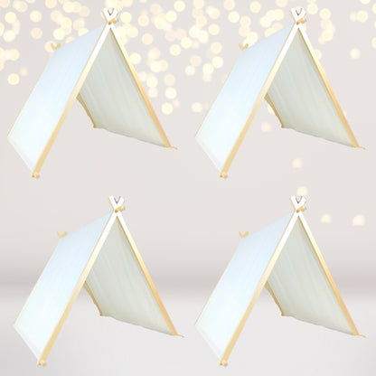 Kids A-Frame Sleepover Tents with Lights, 4-pack, pale blue fabric with natural wood frames on Tampa Home & Garden Store