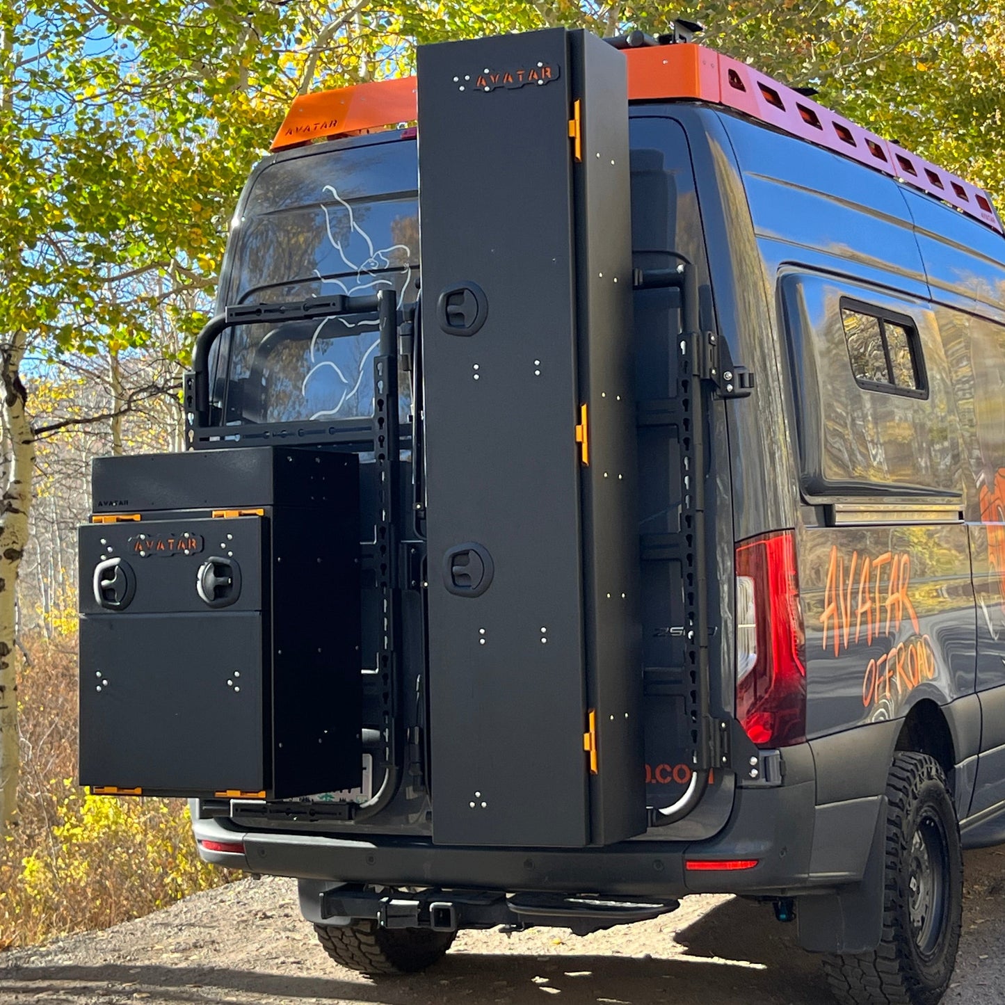 Avatar Ski 4 Storage Box set of 3; black powder-coated steel with orange latches on roof rack on Tampa Home & Garden Store