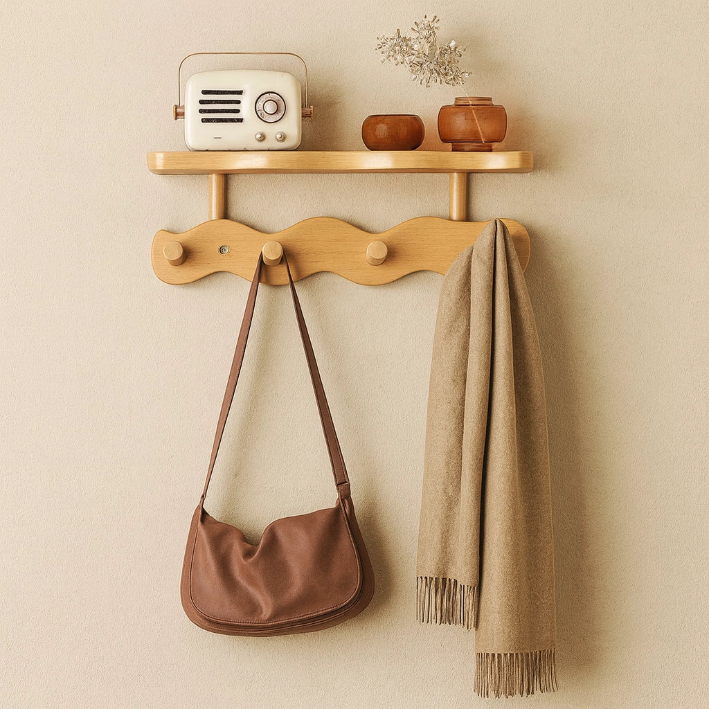 Bamboo Wall Coat Rack with shelf & three hooks by Moktan Sabai, natural wood finish on Tampa Home & Garden Store