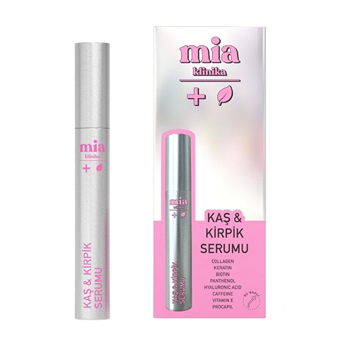 Mia Klinika Kaş & Kirpik Serumu silver serum tube with pink logo beside pink box on Tampa Home & Garden Store
