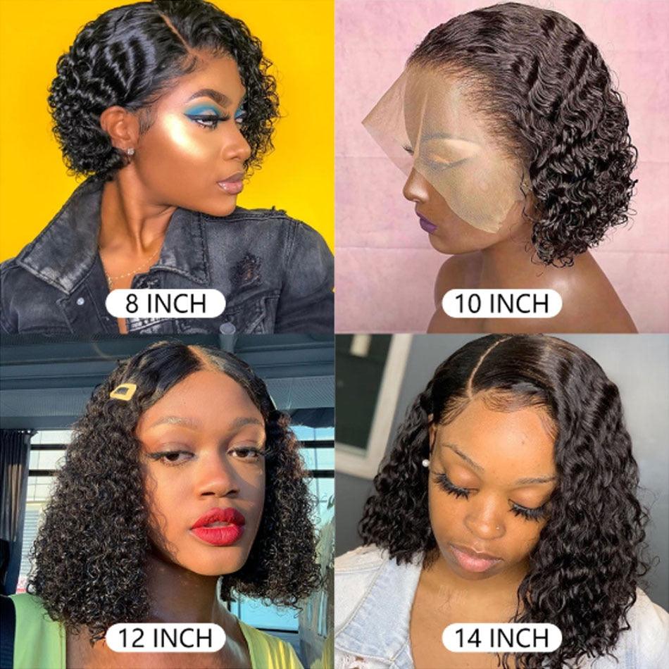 Stevvex 4x4 Water Wave Short Bob Wigs collage in 8/10/12/14in, black curly Brazilian human-hair on Tampa Home & Garden Store