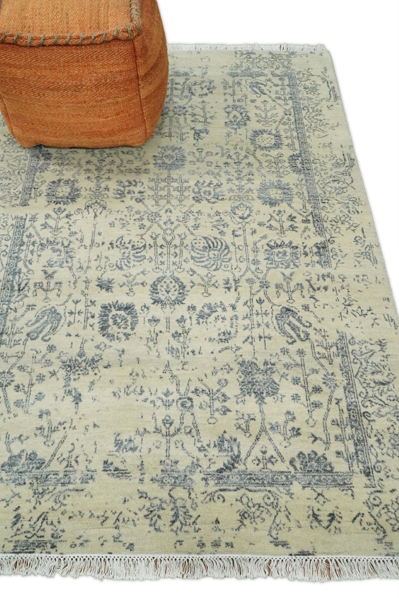 4x6 Fine Hand Knotted Beige and Gray Traditional Vintage Persian Style Antique Wool and Silk Rug | AGR14 - Tampa Home & Garden Store