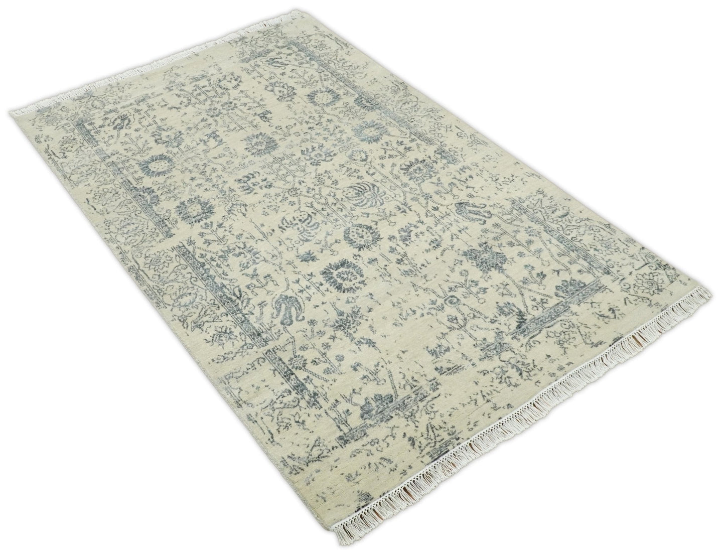 4x6 Fine Hand Knotted Beige and Gray Traditional Vintage Persian Style Antique Wool and Silk Rug | AGR14 - Tampa Home & Garden Store