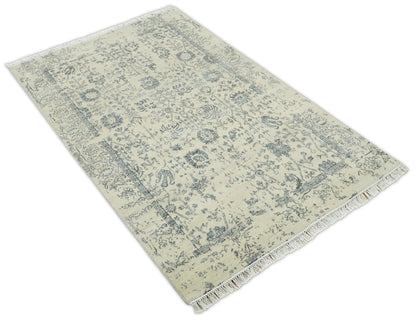 4x6 Fine Hand Knotted Beige and Gray Traditional Vintage Persian Style Antique Wool and Silk Rug | AGR14 - Tampa Home & Garden Store