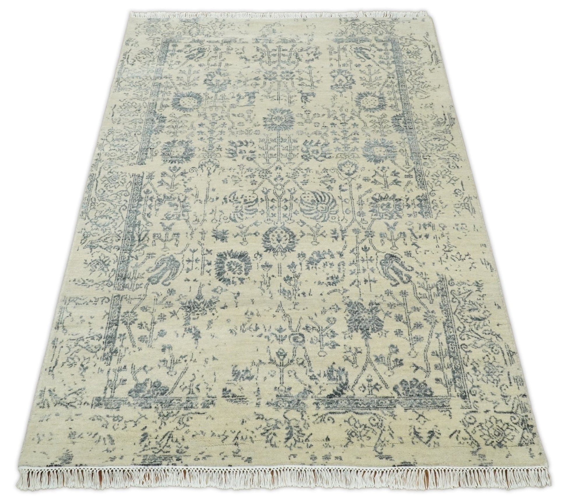 4x6 Fine Hand Knotted Beige and Gray Traditional Vintage Persian Style Antique Wool and Silk Rug | AGR14 - Tampa Home & Garden Store