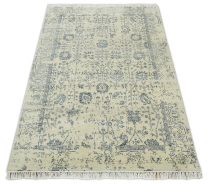 4x6 Fine Hand Knotted Beige and Gray Traditional Vintage Persian Style Antique Wool and Silk Rug | AGR14 - Tampa Home & Garden Store